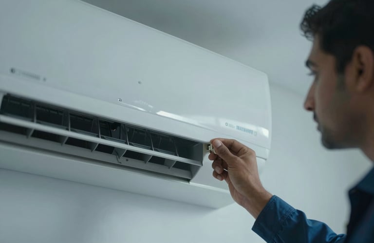 A South Asian technician's hand adjusting the thermostat of a modern air conditioning unit in a clean apartment. Muted blue tones.