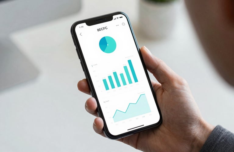 A close-up of a hand holding a smartphone showing a clean dashboard app with energy savings graphs in #8ECFC4 color, professional and modern style, bright indoor lighting.