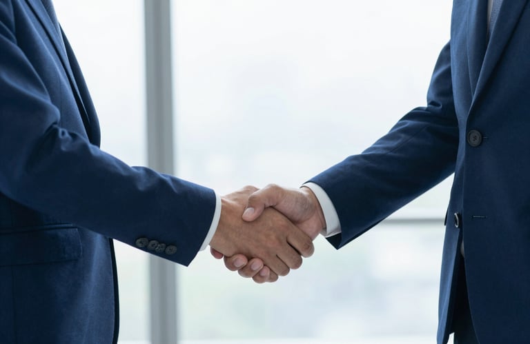 Business professionals shaking hands in front of a bright window, symbolizing trust and a successful partnership, modern office setting, incorporating colors like #0A1C2C and #EBF8F7.