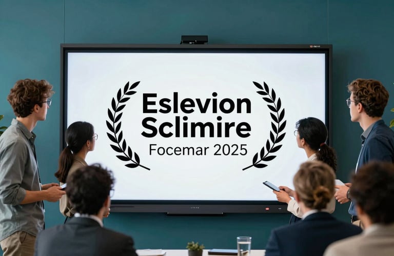 A diverse team of professionals collaborating around a large, illuminated screen in an office with ocean teal decor.