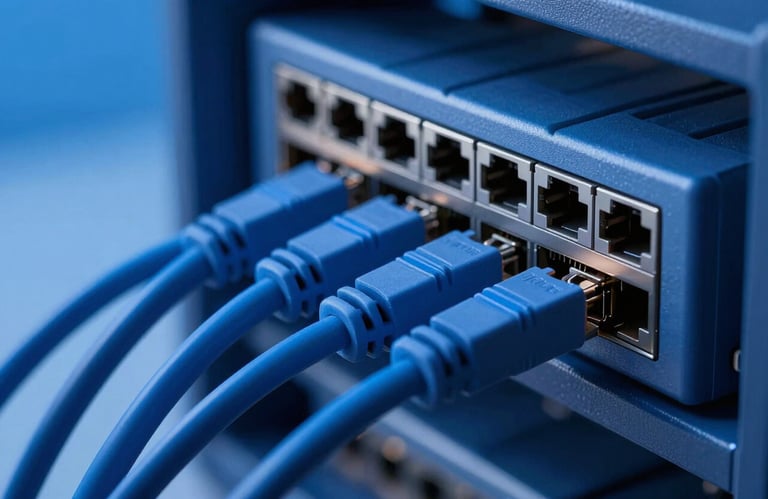 A macro shot of professional-grade network cabling and switches in a clean environment, featuring deep midnight blue and soft sky blue lighting.