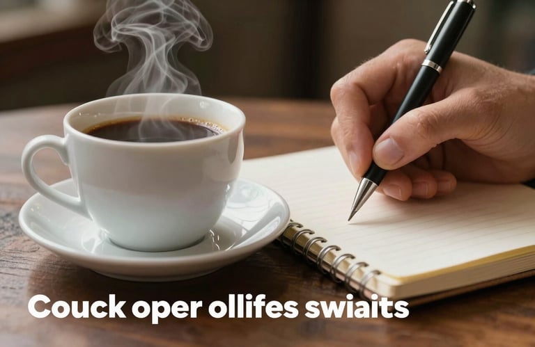 A close-up of a steaming cup of coffee next to a person writing in a notebook, symbolizing vitality and productivity.