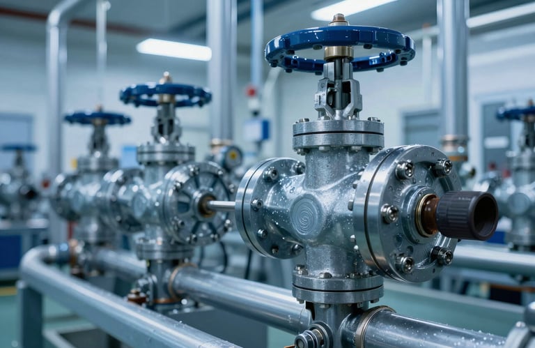 Industrial refrigeration equipment in a clean, modern facility in Europe / France. Detailed shot focusing on technical valves and pipes, with a steel blue and ice blue palette.