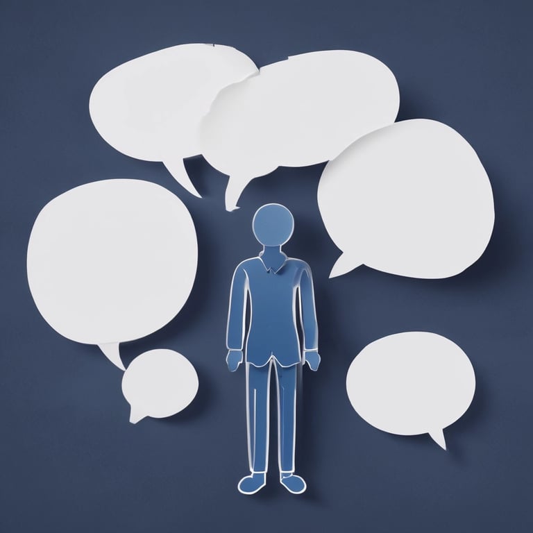 Paper cutout of a person surrounded by blank white speech bubbles representing communication and social media.