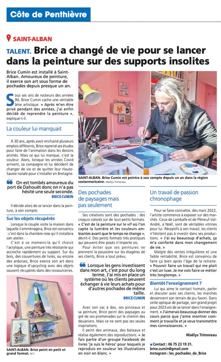 Article du Ouest-France de Lamballe sur mes peintures acrylique de proximité (les marchés locaux)