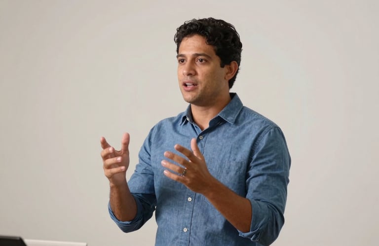 A Brazilian entrepreneur speaking passionately during a seminar in a modern South American / Brazilian studio. They are wearing a slate blue shirt against an off-white background.
