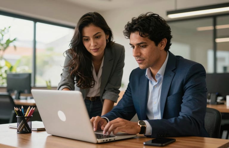 Two business partners collaborating over a laptop in a vibrant, naturally lit South American / Brazilian office. Warm and authentic professional atmosphere.