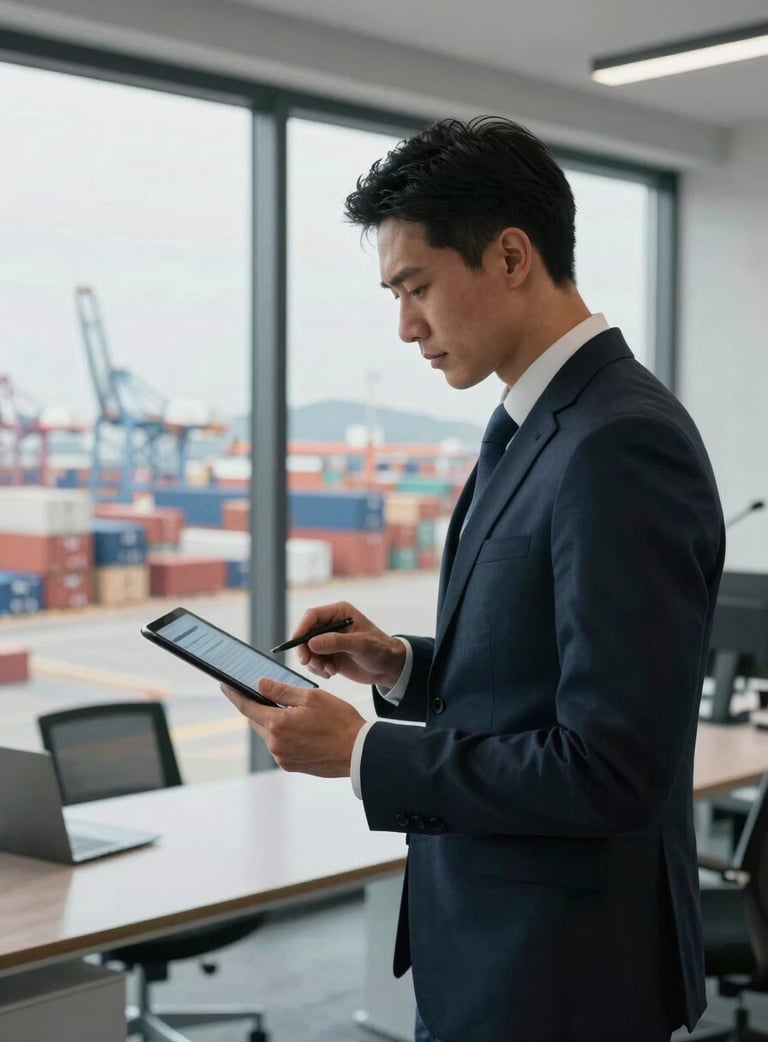 A professional in a clean, modern office overlooking a bustling international port, using a tablet to track shipments. The scene is sophisticated and trustworthy. Global Business.