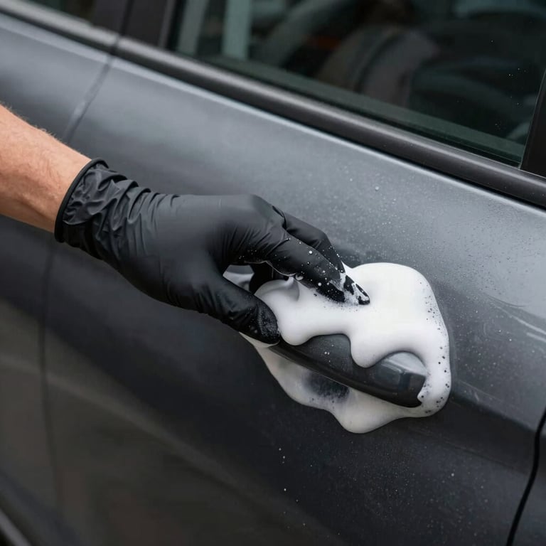 A male hand in a professional black glove applying thick white cleaning foam to a sleek dark charcoal car door handle, International / Global.