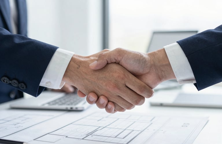 Close-up of a professional handshake in a bright, modern office with construction plans on the desk, symbolizing trust.