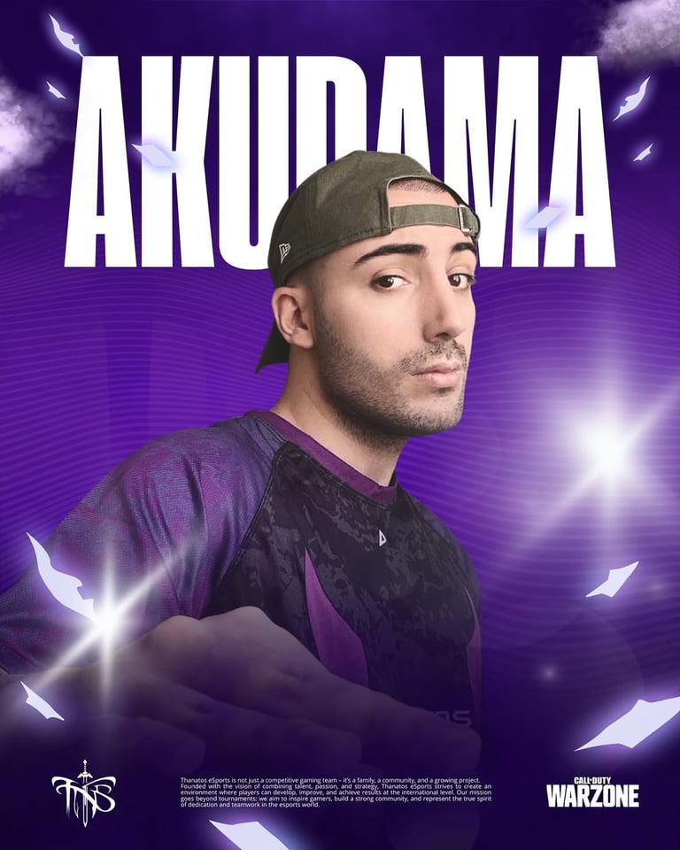 Professional Call of Duty Warzone player Akudama in an esports team jersey on a purple background.