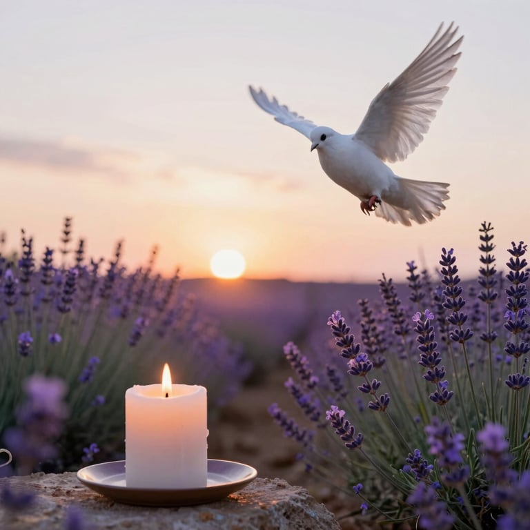 A white dove flying over a lavender field at sunset near a lit white candle.