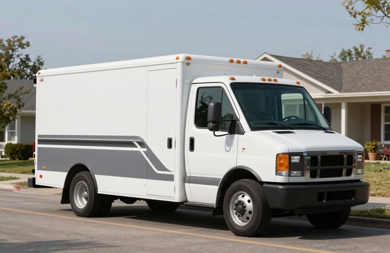 A clean, white service truck with professional charcoal gray decals parked on a quiet North American suburban street during a clear day.