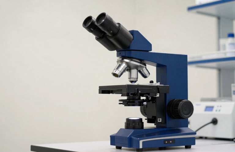 A high-tech digital microscope in a bright laboratory setting in Europe, off-white background, sleek medium blue equipment details, professional scientific photography.