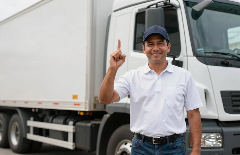 A professional logistics driver in a clean uniform standing next to a modern white truck, giving a friendly nod, South American urban context, daylight.