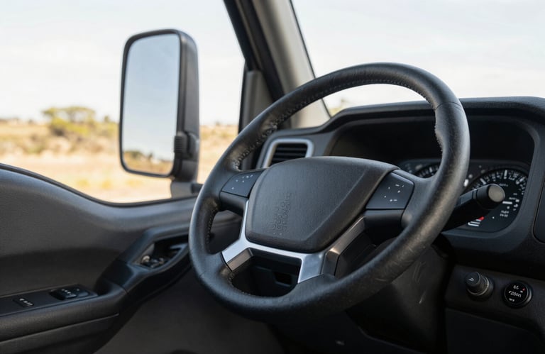 A close-up of a modern truck steering wheel and dashboard, clean interior, soft morning light in a South American setting, representing control and safety.