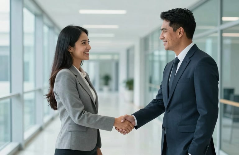 Two business professionals in South American attire shaking hands in a bright, modern corridor of a corporate building, light blue tones.