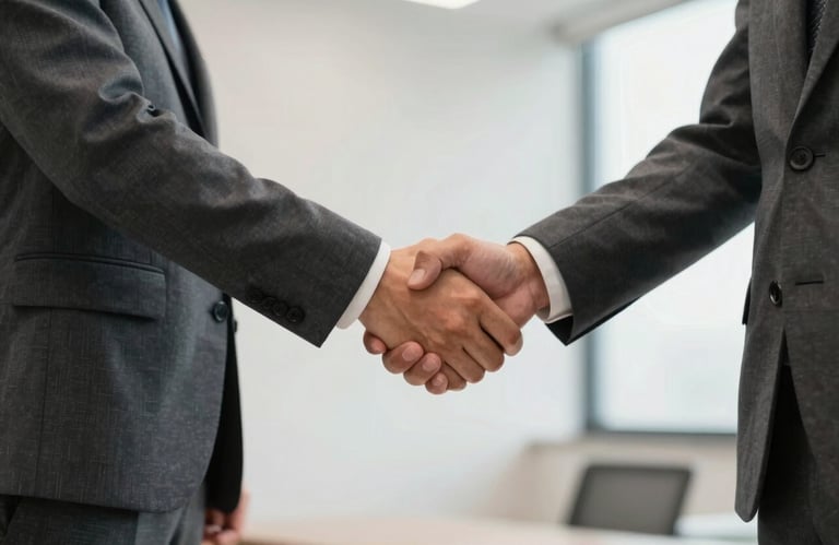 A close-up photograph of two professionals in dark slate grey suits shaking hands in a bright, modern office with soft off-white walls, symbolizing a trusted partnership.