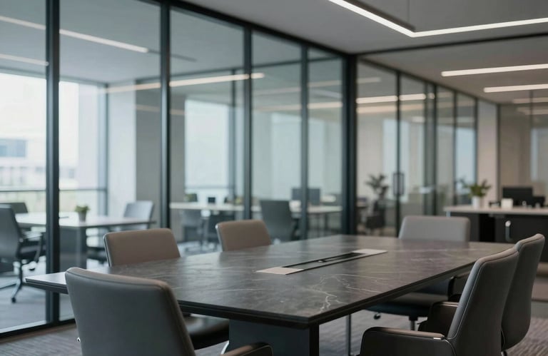 An artistic shot of a modern glass office interior, focusing on the clean lines and reflections of a dark slate grey conference table and medium grey chairs.