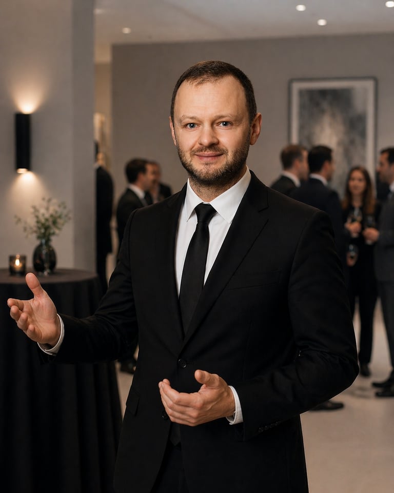 Maître d'hôtel professionnel supervisant une réception d'entreprise à Paris