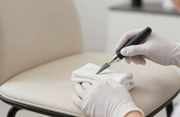 Detailed shot of hands in professional white gloves cleaning a high-end designer chair with a specialized tool.