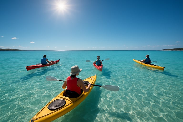 A group of people kayaking in the crystal clear waters of the New Caledonian lagoon under a bright sun, reflecting a perfect weather forecast, South Pacific setting.