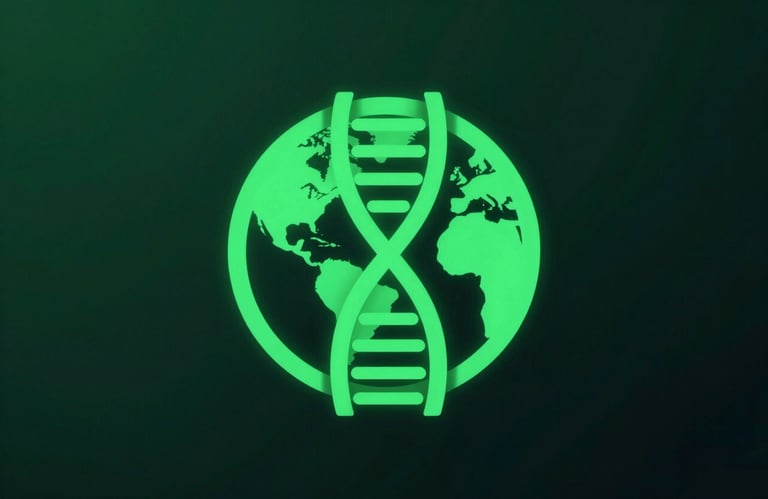 A minimalist, line-style icon of a globe integrated with a DNA double helix, glowing emerald green (#0F7D59) on a deep dark background.
