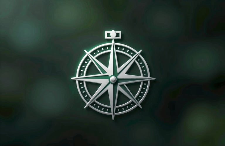 A sleek, geometric line icon of a compass merged with a leaf pattern, silver tones with a soft emerald glow.