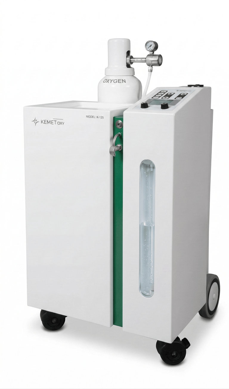 Kemetoxy Model K-125 portable medical oxygen concentrator machine with cylinder on wheels.