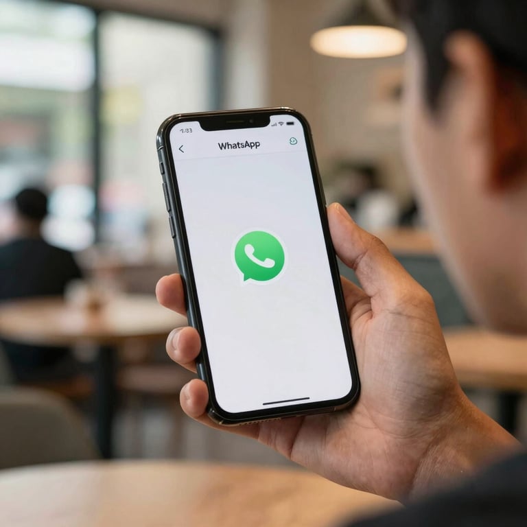 A smartphone screen displaying a WhatsApp chat interface with a green send icon, held by a Southeast Asian / Malaysian person in a bright cafe environment.