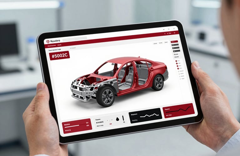 A digital tablet screen showing a 3D model of a car chassis with data overlays and analytics charts in crimson (#A5002C) and black (#1A1A1A), held by a professional in a lab setting.