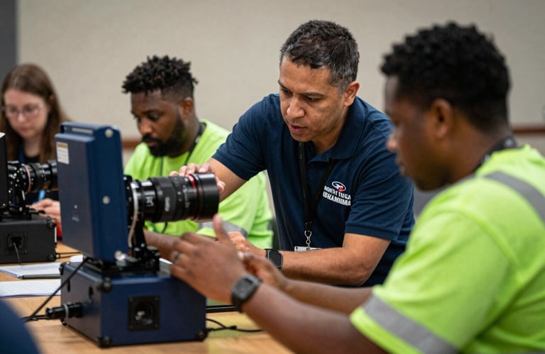 Action photography of a workforce development workshop in North Tulsa, Oklahoma. A mentor is guiding a participant through a technical skill set. The lighting is focused and professional. Navy blue equipment and green safety gear are visible.