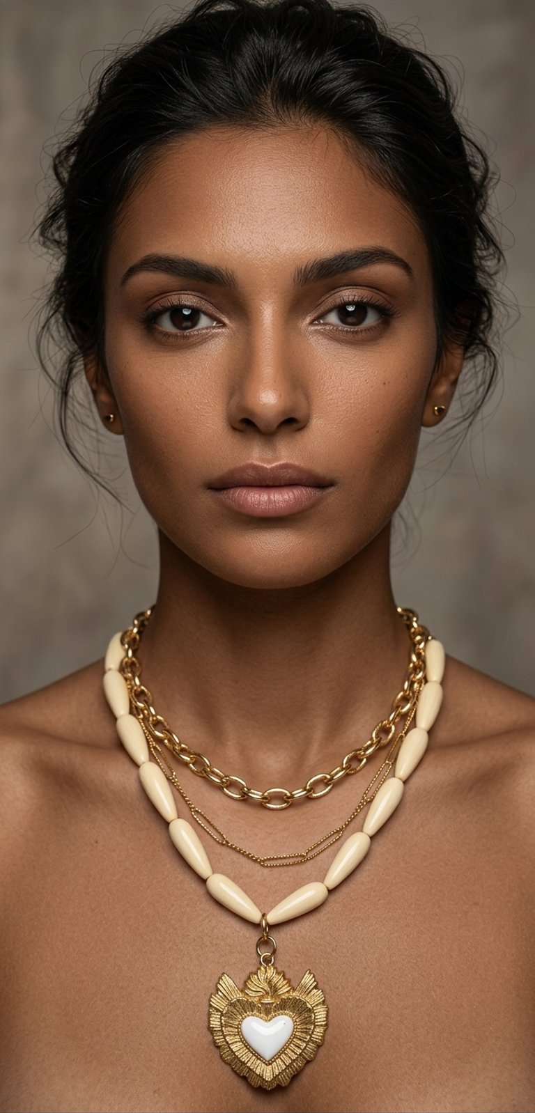 Portrait of a woman wearing a layered gold chain necklace with a sacred heart pendant.