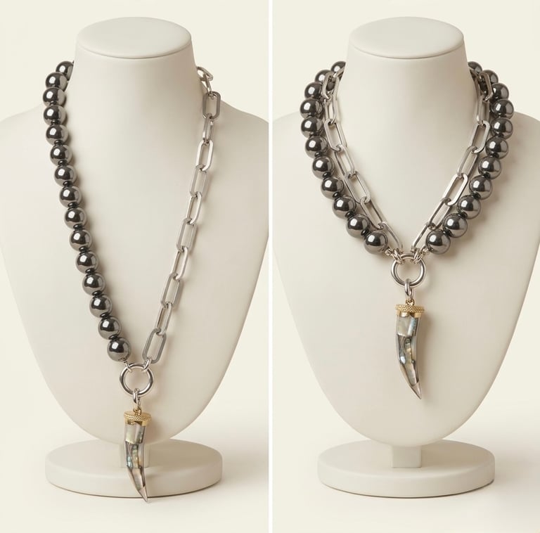 Silver chain and hematite bead necklaces with shell horn pendants on white jewelry displays.