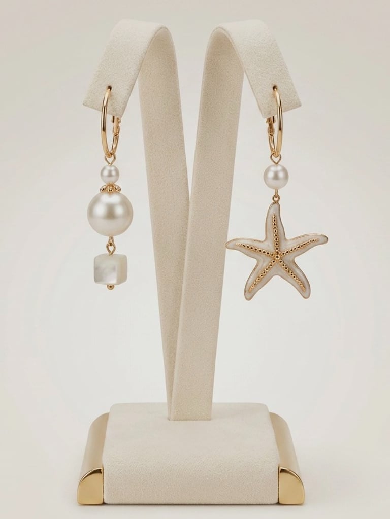 Elegant gold drop earrings featuring mismatched pearl and starfish charms on a velvet display stand.