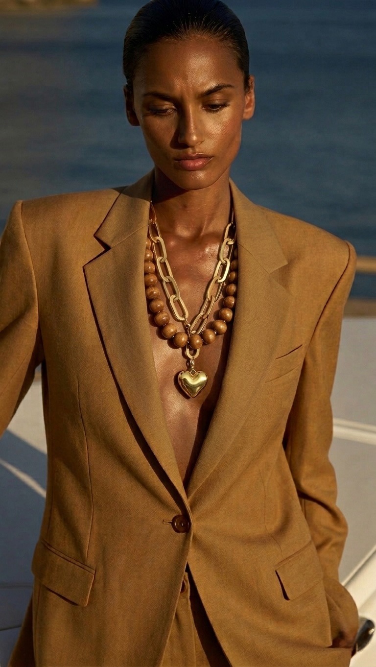 A woman wearing a tan oversized blazer and layered gold heart pendant necklaces on a luxury boat.