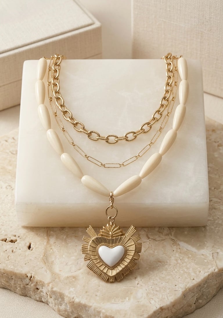 Layered gold chain necklaces with a heart pendant and cream beads displayed on a white marble stand.