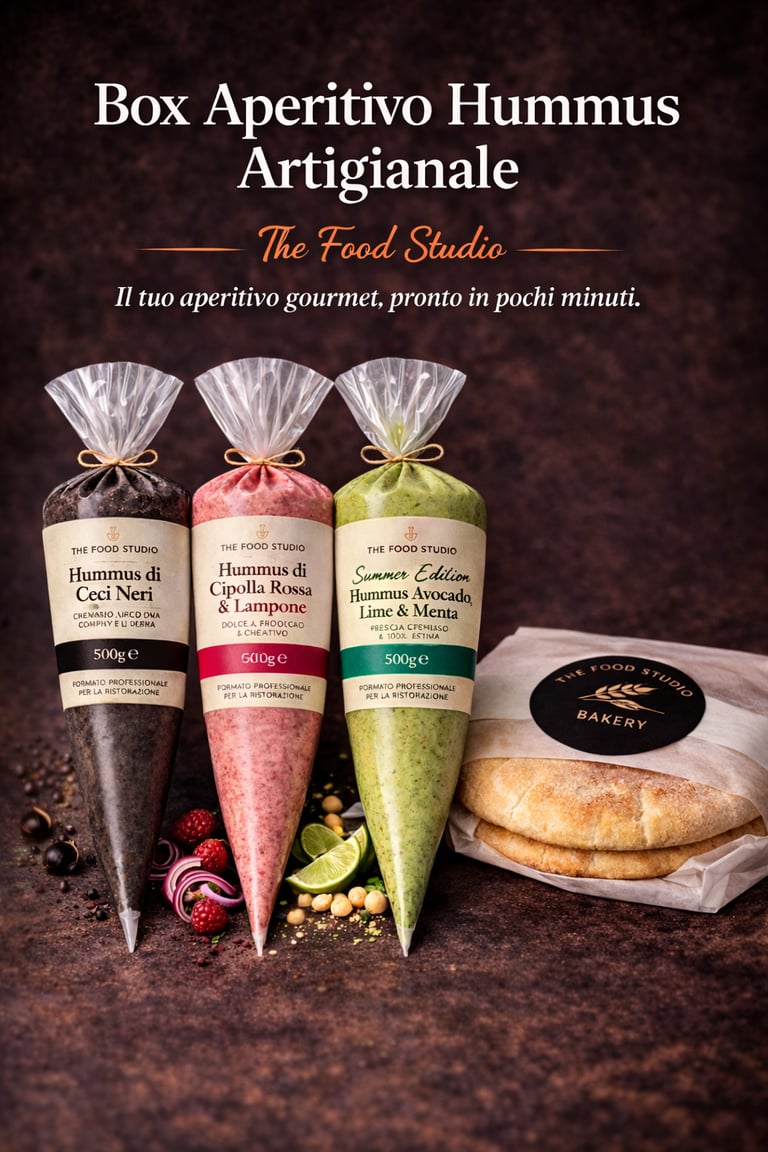 Box Aperitivo Hummus Artigianale featuring three colorful hummus piping bags and fresh pita bread.