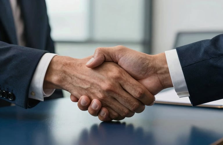 A close-up of two hands in a firm handshake over a dark blue polished table, symbolizing a signed agreement in a Nigerian corporate office.
