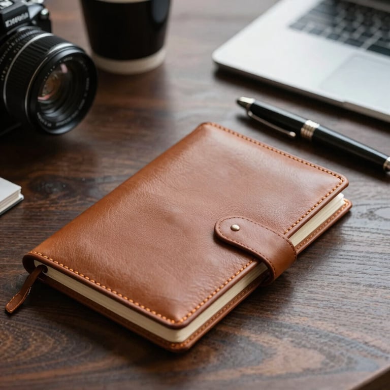 A macro photograph of a high-quality leather notebook and a professional pen on a dark wood table in a modern French office, emphasizing detail and planning.