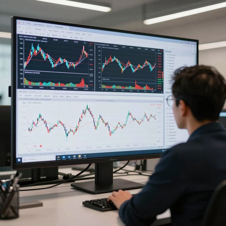 A professional looking at a large screen displaying complex but clean financial charts in a modern, sophisticated European workspace.