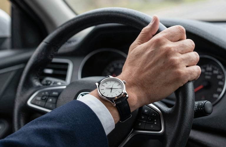 A close up of a professional driver's hand on a steering wheel, wearing a classic watch and a suit sleeve, indicating punctuality. European / British setting, sharp focus, professional mood.