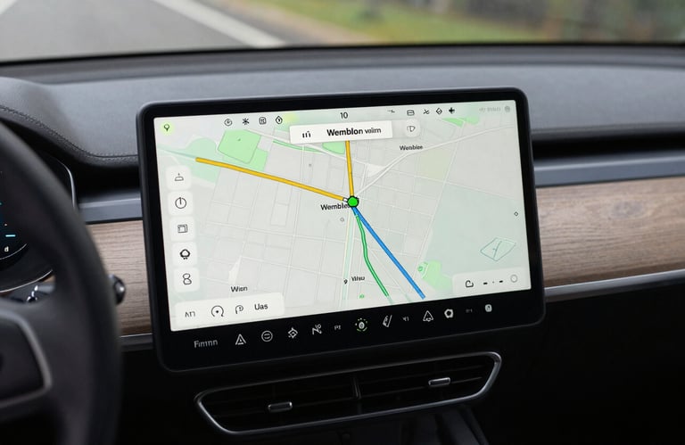 Close up of a modern car dashboard featuring a digital navigation map showing a route through Wembley. Clean, professional photography, European / British interface design, focused and efficient lighting.