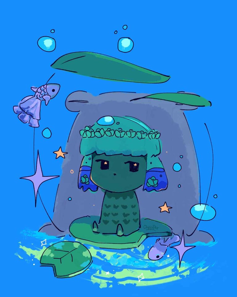 Green character digital illustration with pigtails filled with water and plants in doodle aesthetic.