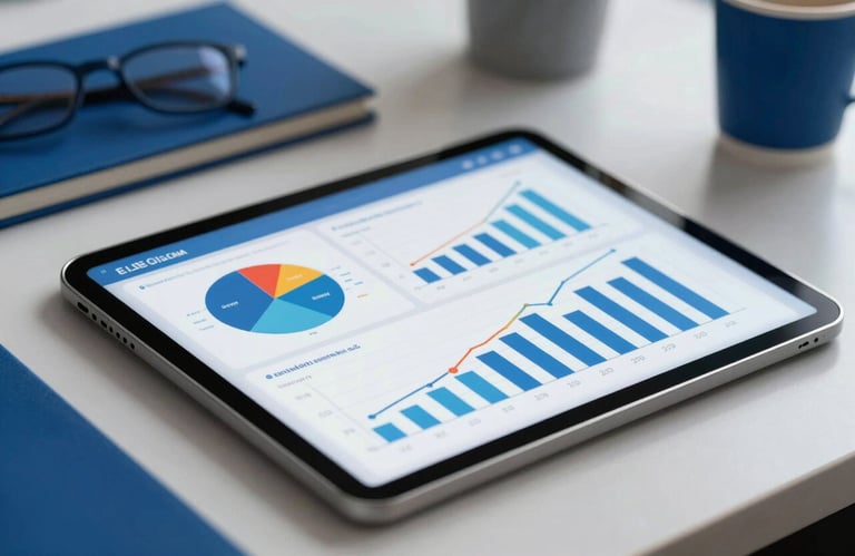 A close-up of a tablet displaying colorful marketing analytics and growth charts in a bright, modern Middle Eastern / Gulf workspace with royal blue accents.