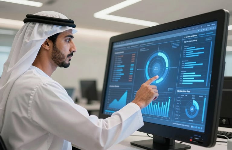 A professional in a Middle Eastern / Gulf business hub interacting with a high-tech touchscreen interface showing sky blue marketing trends and projections.