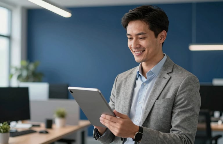 A professional technology consultant holding a digital tablet and smiling, wearing a smart-casual outfit in a bright North American / US office environment, blurred tech background with navy blue tones.