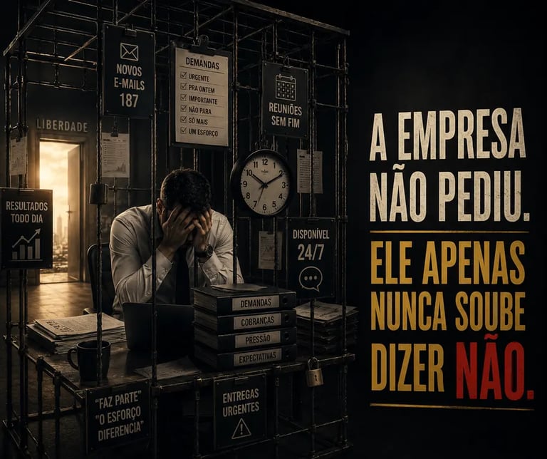 Profissional em um escritório escuro representando burnout , estresse e a dificuldades de dizer não.