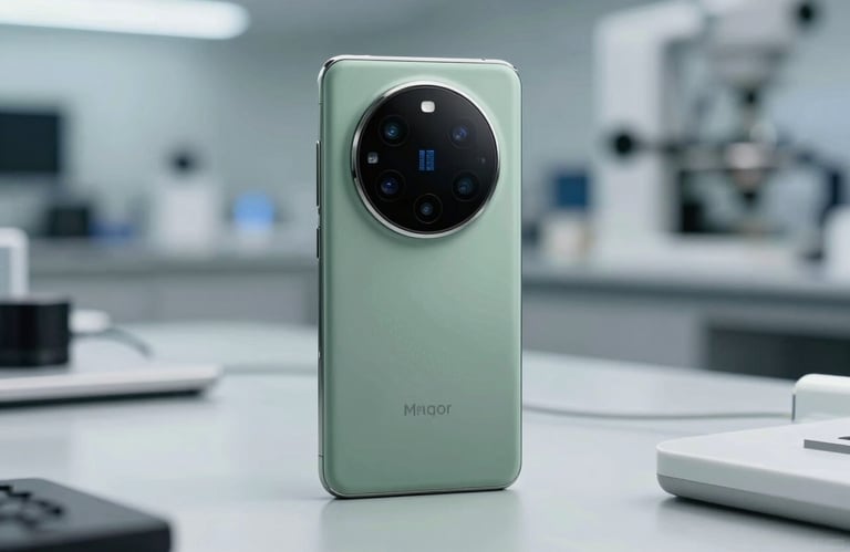 A close-up of a high-end mobile device in a North American / International tech lab, sharp focus, Muted Sage Green lighting and clean glass surfaces.