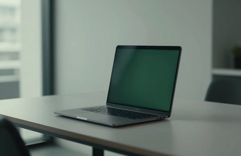 A minimalist workspace in a North American / International city office with a laptop, reflecting Deep Forest Green tones.
